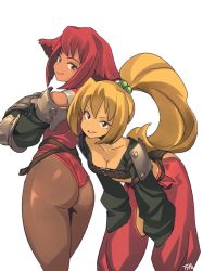 Rule 34 | 2girls, armor, ass, bad id, bad twitter id, baggy pants, belt bra, blonde hair, brandy (musashiden), brave fencer musashiden, breasts, brown eyes, brown legwear, cleavage, commentary, dark-skinned female, dark skin, detached sleeves, downblouse, english commentary, from behind, gauntlets, hair bobbles, hair ornament, hands on own thighs, highleg, highleg leotard, highres, leaning forward, leotard, liquor (musashiden), long hair, looking at viewer, medium breasts, multiple girls, optionaltypo, pants, pantyhose, pauldrons, ponytail, red hair, red leotard, short hair, shoulder armor, shrug (clothing), sleeves past wrists, smile, square enix, thighs, very long hair, white background