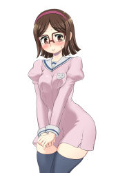 Rule 34 | 10s, 1girl, black legwear, breasts, breasts squeezed together, brown eyes, brown hair, dress, embarrassed, glasses, gundam, gundam build fighters, hairband, highres, kousaka china, looking away, rebis, short hair, simple background, small breasts, solo, standing, sweatdrop, white background