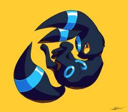 Rule 34 | alternate color, animal focus, creatures (company), curled up, from side, full body, game freak, gen 2 pokemon, likey, looking up, nintendo, no humans, pokemon, pokemon (creature), shiny pokemon, signature, simple background, solo, umbreon, yellow background, yellow eyes