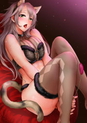 Rule 34 | 1girl, animal ears, ass, black thighhighs, blush, breasts, cat ears, cat tail, cleavage, doumou, fake animal ears, fur trim, grey hair, long hair, looking at viewer, lying, on back, open mouth, original, solo, sweat, tail, thighhighs, tongue, tongue out, yellow eyes