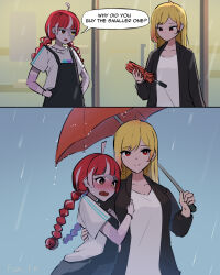 Rule 34 | 2girls, alternate hairstyle, artist name, blonde hair, blunt bangs, blush, braid, casual, collarbone, colored skin, comic, commentary, english commentary, english text, fian f.n, grey skin, hand on another&#039;s back, heterochromia, highres, holding, holding umbrella, hololive, hololive indonesia, kaela kovalskia, kureiji ollie, long hair, long sleeves, looking at another, multicolored hair, multiple girls, open mouth, red eyes, red hair, red umbrella, shared umbrella, shirt, short sleeves, smile, split mouth, streaked hair, twin braids, umbrella, upper body, virtual youtuber, white hair, white shirt, yellow eyes, yuri