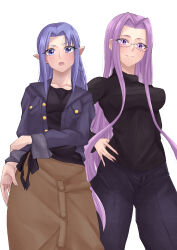 Rule 34 | 2girls, :o, black shirt, blue jacket, blue pants, blush, brown skirt, collarbone, denim, fate/hollow ataraxia, fate/stay night, fate (series), forehead, glasses, hand on own hip, highres, jacket, jeans, kikyouta, long hair, looking at viewer, medea (fate), medusa (fate), medusa (rider) (fate), multiple girls, pants, pointy ears, purple eyes, purple hair, shirt, simple background, skirt, smile, turtleneck, upper body, white background