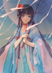 Rule 34 | 1girl, artist name, blind, blue dress, blue eyes, character name, chinese clothes, choker, closed mouth, dress, eyelashes, facial mark, facing viewer, flower, forehead mark, fuwaffy, hair flower, hair ornament, highres, holding, holding umbrella, lips, long hair, mu dan, original, peony (flower), pink choker, pink lips, purple hair, red flower, ribbon, solo, string choker, tattoo, umbrella, very long hair, white ribbon, wide sleeves
