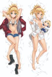 Rule 34 | 1girl, armpits, arms behind head, arms up, artoria pendragon (all), artoria pendragon (fate), bare shoulders, barefoot, bikini, blonde hair, blush, braid, breasts, closed mouth, collarbone, collared shirt, cutoffs, dakimakura (medium), denim, denim shorts, dress shirt, fate/apocrypha, fate/stay night, fate (series), feet, french braid, full body, green eyes, hair ornament, hair scrunchie, highres, jacket, jewelry, legs, long hair, long sleeves, looking at viewer, micro shorts, mordred (fate), mordred (fate/apocrypha), multiple views, naked shirt, navel, necklace, open clothes, open jacket, parted bangs, ponytail, red jacket, red scrunchie, saber (fate), scrunchie, shirt, short shorts, shorts, sidelocks, small breasts, smile, stuffed toy, swimsuit, thighs, tonee, white bikini, white shirt