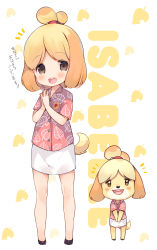 Rule 34 | 2girls, absurdres, animal crossing, animal ears, black footwear, blonde hair, blush, blush stickers, brown eyes, character name, commentary request, dog ears, dog girl, dog tail, full body, furry, furry female, highres, humanization, isabelle (animal crossing), multiple girls, nintendo, open mouth, own hands together, print shirt, red shirt, senmen kinuko, shirt, shoes, short hair, skirt, smile, tail, topknot, translated, v arms, white skirt