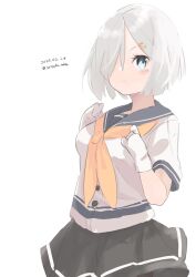 Rule 34 | 1girl, absurdres, blue eyes, gloves, grey sailor collar, grey skirt, hair ornament, hair over one eye, hairclip, hamakaze (kancolle), highres, kantai collection, looking at viewer, neckerchief, one-hour drawing challenge, pleated skirt, sailor collar, satsuki tooka, school uniform, serafuku, short hair, simple background, skirt, solo, white background, white gloves, white hair, yellow neckerchief