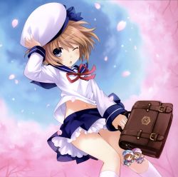 Rule 34 | 10s, 1girl, absurdres, blanc (neptunia), blue eyes, brown hair, character doll, cherry blossoms, hat, highres, looking at viewer, navel, neptune (series), one eye closed, open mouth, petals, ram (neptunia), rom (neptunia), school uniform, short hair, solo, tsunako, wind