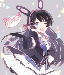 Rule 34 | 1girl, animal ear headphones, animal ears, bang (gesture), black gloves, black jacket, blue eyes, brown hair, commentary request, confetti, cowboy shot, english text, fake animal ears, finger gun, foreshortening, gloves, grey background, hair ornament, hairclip, hand on own hip, headphones, jacket, long hair, long sleeves, looking at viewer, neck ribbon, nijisanji, one eye closed, open mouth, pink ribbon, pointing, pointing at viewer, rabbit ear headphones, ribbon, shirt, skirt, smile, solo, sou (tuhut), speech bubble, teeth, tsukino mito, tsukino mito (13th costume), upper teeth only, virtual youtuber, white shirt, white skirt