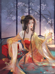 Rule 34 | 1girl, bead necklace, beads, brown hair, caomao (n/a), chinese clothes, closed mouth, earrings, facial mark, flower, folding screen, forehead mark, hair ornament, hairpin, hanfu, highres, jewelry, lantern, leaning, long hair, long sleeves, lotus, necklace, original, petals, pool, second-party source, sitting, solo, upper body, water