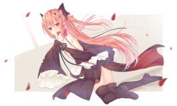 Rule 34 | 1girl, artist name, backless dress, backless outfit, black dress, black footwear, black thighhighs, blush, boots, bow, closed mouth, detached sleeves, dress, full body, hair between eyes, hair ornament, krul tepes, light brown hair, long hair, long sleeves, motion blur, owari no seraph, petals, red bow, red eyes, shoe soles, shoulder blades, sleeveless, sleeveless dress, sleeves past fingers, sleeves past wrists, smile, solo, thigh boots, thighhighs, twintails, two side up, usagimiko, very long hair, wide sleeves