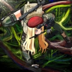 Rule 34 | 1girl, backpack, bag, beret, blonde hair, blue eyes, camouflage, gloves, green thighhighs, gun, hat, jacket, knife, long sleeves, lowres, military, military uniform, mouth hold, nature, original, solo, thighhighs, uniform, weapon, y (khakiyawn)