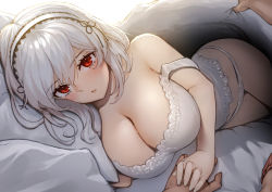 Rule 34 | 1boy, 1girl, azur lane, bare shoulders, bed, bed sheet, blanket, blush, breasts, cleavage, commentary request, hair between eyes, hairband, hand on another&#039;s hand, huge breasts, lace-trimmed hairband, lace trim, lingerie, looking at viewer, lying, open mouth, panties, pillow, pov, pyz (cath x tech), red eyes, short hair, sidelocks, sirius (azur lane), solo focus, under covers, underwear, white hair, white panties