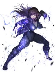 Rule 34 | 1girl, black hair, bodysuit, brown eyes, dairoku ryouhei, dog tags, electricity, energy, fighting stance, full body, glowing, hetza (hellshock), jacket, long hair, looking at viewer, magic, open clothes, open jacket, open mouth, shirt, smile, solo, transparent background, white shirt