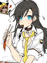 Rule 34 | 1girl, 6 (yuchae), black hair, blue eyes, breasts, choker, chopsticks, cleavage, closers, food in mouth, large breasts, loose socks, sleeves pushed up, socks, solo, unbuttoned, yuri seo