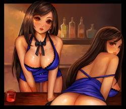 Rule 34 | ass, black hair, blue dress, breasts, dress, female focus, final fantasy, final fantasy vii, glass, large breasts, lipgloss, lipstick, long hair, looking at viewer, makeup, purple dress, red eyes, red lips, seventh heaven, square enix, tifa lockhart, vlankt, wall market
