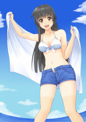 Rule 34 | 1girl, :d, arm up, bikini, bikini top only, black eyes, black hair, blunt bangs, cloud, denim, denim shorts, front-tie top, long hair, looking at viewer, navel, open clothes, open mouth, open shorts, original, sano souichi, shorts, sky, smile, solo, standing, swimsuit, tan, tanline, towel, unbuttoned