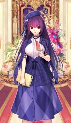 Rule 34 | 1girl, :o, beret, breasts, commentary request, fate/grand order, fate (series), flower, food, hair between eyes, hat, heroic spirit festival outfit, holding, holding notebook, jacket, jacket on shoulders, koyama hirokazu, large breasts, long hair, looking at viewer, notebook, popsicle, purple hair, purple hat, purple jacket, purple skirt, red eyes, scathach (fate), scathach skadi (fate), scathach skadi (festival outfit) (fate), shirt, skirt, solo, stethoscope, watermelon bar, white shirt