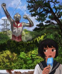 Rule 34 | 1girl, black hair, blue sky, cable, cloud, cloudy sky, food, forest, highres, minahamu, nature, open mouth, outdoors, popsicle, school uniform, serafuku, short hair, size difference, sky, tree, ultra series, ultraman, ultraman (1st series)