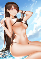 Rule 34 | 1girl, absurdres, an yasuri, arm up, bad id, bad pixiv id, bare arms, bare shoulders, bikini, black bikini, blue sky, breasts, brown hair, cloud, day, hair ornament, hairclip, half updo, hand up, highres, large breasts, long hair, looking at viewer, navel, original, outdoors, parted lips, pink eyes, side-tie bikini bottom, sitting, sky, solo, stomach, swimsuit, thighs, very long hair, water