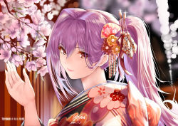 Rule 34 | 1girl, alternate costume, alternate hairstyle, cherry blossoms, fate/grand order, fate (series), hair ornament, hairpin, japanese clothes, kimono, lipstick, looking at viewer, makeup, new year, ponytail, purple hair, red eyes, scathach (fate), scathach (fate), shrine, smile, solo, torii, toyoman, tree