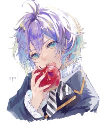 Rule 34 | 1boy, androgynous, apple, blue eyes, blue hair, bow, bowtie, eating, epel felmier, food, fruit, gr 7, highres, long sleeves, looking to the side, multicolored hair, necktie, pale skin, purple hair, ribbon, simple background, solo, striped bow, striped bowtie, striped clothes, striped necktie, twisted wonderland, white background