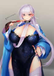 Rule 34 | 1girl, absurdres, azur lane, belfast (azur lane), belfast (iridescent rosa) (azur lane), black choker, blush, breasts, chain, china dress, chinese clothes, choker, dress, earrings, folding fan, hand fan, hand on own hip, highres, holding, holding fan, jewelry, large breasts, long hair, looking at viewer, miso tanuki, paper fan, simple background, solo, string, swept bangs, thighhighs, thighs, white hair, wide sleeves