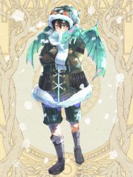 Rule 34 | 1boy, ashgray, black coat, black footwear, black hair, blue eyes, boots, coat, crossed arms, dairoku ryouhei, dragon, full body, goggles, goggles on headwear, hair between eyes, hat, leg wrap, looking at viewer, male focus, scarf, snowing, solo, standing, white scarf, winter clothes, winter coat