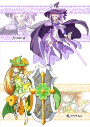 Rule 34 | 2girls, :d, absurdres, adapted costume, alternate costume, asymmetrical clothes, boots, bow, cape, character name, commentary request, cure rosetta, cure sword, detached sleeves, dokidoki! precure, dress, earrings, eyelashes, hair ornament, happy, hat, highres, jewelry, kenzaki makoto, large hat, looking at viewer, magical girl, mahou girls precure!, matatabi (karukan222), multiple girls, open mouth, orange hair, ponytail, precure, puffy short sleeves, puffy sleeves, purple bow, purple dress, purple eyes, purple footwear, purple hair, purple thighhighs, shield, short hair, short sleeves, side ponytail, smile, standing, sword, thigh boots, thighhighs, thighs, twintails, weapon, witch, witch hat, wrist cuffs, yellow eyes, yotsuba alice