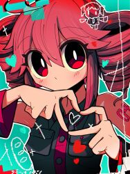 Rule 34 | 1girl, aqua background, arm tattoo, bare shoulders, black shirt, black sleeves, blush, bright pupils, buttons, collared shirt, detached sleeves, drill hair, hair between eyes, heart, heart hands, heart in heart hands, highres, kasane teto, looking at viewer, medium hair, mukkusan, no mouth, number tattoo, outline, red eyes, red hair, red trim, shirt, sleeveless, sleeveless shirt, solo, sparkle, tattoo, twin drills, upper body, utau, white outline, white pupils