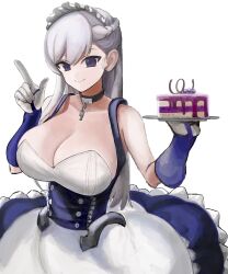 Rule 34 | 1girl, absurdres, apron, azur lane, bare shoulders, belfast (azur lane), blue eyes, blush, braid, breasts, cake, chain, choker, cleavage, closed mouth, collar, collarbone, cup, dress, elbow gloves, food, french braid, frilled apron, frilled gloves, frills, gloves, hair between eyes, highres, holding, jewelry, large breasts, long hair, looking at viewer, maid, maid apron, maid headdress, open mouth, purple eyes, ribbon, sasingoon, simple background, smile, solo, very long hair, waist apron, white apron, white background, white dress, white gloves, white hair