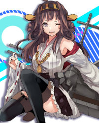 Rule 34 | 10s, 1girl, blue eyes, boots, breasts, brown hair, kantai collection, kongou (kancolle), long hair, minazuki (0038), nontraditional miko, one eye closed, skirt, smile, solo, thigh boots, thighhighs