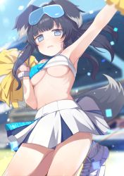 Rule 34 | 1girl, absurdres, animal ears, arm up, armpits, bare shoulders, black hair, blue archive, blue eyes, blurry, blurry background, blush, breasts, cheerleader, commentary request, day, dog ears, dog girl, dog tail, goggles, goggles on head, halo, hibiki (blue archive), hibiki (cheer squad) (blue archive), highres, holding, long hair, looking at viewer, millennium cheerleader outfit (blue archive), navel, okota mikan, outdoors, parted lips, pleated skirt, pom pom (cheerleading), skirt, small breasts, solo, standing, standing on one leg, tail, underboob, wavy mouth, white footwear, white skirt