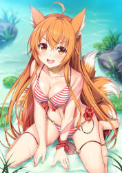 Rule 34 | 1girl, :d, ahoge, animal ears, bare shoulders, barefoot, bikini, blush, bow, breasts, cleavage, collarbone, commentary, english commentary, flower, fox ears, fox girl, fox tail, kageira, kawaii nihongo, kitsune, long hair, looking at viewer, medium breasts, multiple tails, navel, open mouth, orange hair, red bow, riko (kawaii nihongo), rock, second-party source, sitting, smile, solo, striped bikini, striped clothes, swimsuit, tail, toes, very long hair, water, wrist bow