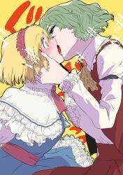 Rule 34 | 2girls, akutsu (demodori), alice margatroid, ascot, blonde hair, blue dress, blush, dress, french kiss, frilled dress, frilled hairband, frilled sleeves, frills, green hair, hairband, hand on another&#039;s cheek, hand on another&#039;s face, kazami yuuka, kiss, long sleeves, multiple girls, nail polish, pink ascot, pink hairband, red eyes, red nails, red vest, shirt, short hair, simple background, sparkle, tongue, touhou, vest, white shirt, wide-eyed, yellow ascot, yellow background, yellow eyes, yuri