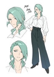 Rule 34 | 1boy, black footwear, black pants, buttons, closed mouth, collarbone, collared shirt, commentary request, contrapposto, creatures (company), game freak, green eyes, green hair, hair over one eye, hand on own hip, highres, light smile, long hair, long sleeves, looking at viewer, male focus, multiple views, nintendo, pants, parted lips, pokemon, pokemon rse, shirt, shoes, sideways glance, simple background, standing, wallace (pokemon), white background, white shirt, xia (ryugo)