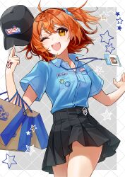 Rule 34 | 1girl, ;d, ahoge, bag, blue scrunchie, blue shirt, breasts, buttons, card, chaldea logo, collared shirt, command spell, fate/grand order, fate (series), fujimaru ritsuka (female), hair between eyes, hair ornament, hair scrunchie, hat, highres, holding, holding bag, holding clothes, holding hat, ichino tomizuki, id card, lanyard, looking at viewer, name tag, one eye closed, one side up, open mouth, orange eyes, orange hair, partially unbuttoned, saint quartz (fate), scrunchie, shirt, shopping bag, short hair, side ponytail, skirt, smile