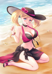 Rule 34 | 1girl, absurdres, alternate costume, beach, bikini, blonde hair, blue eyes, blush, breasts, cleavage, cosplay, dorothea arnault (cosplay), feet, fire emblem, hat, high heels, highres, large breasts, long hair, looking at viewer, navel, nintendo, persona, persona 5, red bikini, resolution mismatch, sand, sebu illust, sitting, smile, solo, source smaller, swimsuit, takamaki anne, thighs, toes, twintails, water