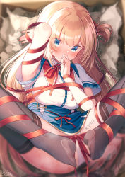 Rule 34 | 1girl, akai haato, akai haato (1st costume), arm up, armpits, black thighhighs, blonde hair, blue eyes, blue skirt, blush, body writing, bound, box, breasts, collared shirt, commentary request, covering own mouth, dress shirt, eyes visible through hair, feet, hair ribbon, hand up, heart, heart-shaped pupils, high-waist skirt, highres, hololive, in box, in container, large breasts, legs up, light particles, long hair, looking at viewer, lying, magowasabi, nail polish, neck ribbon, on back, one side up, panties, red nails, red ribbon, ribbon, ribbon bondage, shirt, short sleeves, signature, skirt, solo, spread legs, symbol-shaped pupils, thighhighs, twitter username, underwear, v-shaped eyebrows, very long hair, virtual youtuber, white panties, white shirt