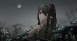 Rule 34 | 1girl, black eyes, black hair, blurry, chinese clothes, closed mouth, duijin ruqun, elf, fence, flower, full moon, grey sky, hair ribbon, hand on own chest, hanfu, highres, horns, hua ming wink, long hair, moon, night, original, outdoors, pointy ears, ponytail, red ribbon, ribbon, sidelocks, single horn, sky, solo, wide sleeves