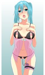 Rule 34 | 1girl, aqua eyes, aqua hair, bad id, bad pixiv id, blush, bra, breasts, bridal garter, crotchless, crotchless panties, female focus, female masturbation, hands on own chest, hatsune miku, highres, jack dempa, leaning forward, lingerie, long hair, looking at viewer, masturbation, nippleless clothes, nipples, open mouth, panties, saliva, sex toy, simple background, solo, thigh gap, twintails, underwear, vibrator, vocaloid