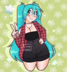 Rule 34 | 1girl, absurdres, aqua eyes, aqua hair, artist name, black shorts, blush, breasts, choker, cleavage, cropped legs, cross, cross necklace, emmiewowie, fishnet gloves, fishnets, flannel, floral background, gloves, green background, hair between eyes, halftone, hand on own hip, hand up, hatsune miku, highres, jewelry, long hair, long sleeves, looking at viewer, midwestern miku (knic toons), necklace, plaid clothes, plaid shirt, red shirt, shirt, shorts, smile, solo, star (symbol), very long hair, vocaloid, w