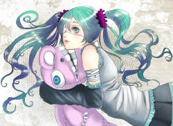 Rule 34 | 1girl, asanome, bandages, detached sleeves, eyepatch, green eyes, green hair, hatsune miku, long hair, matching hair/eyes, solo, stuffed animal, stuffed toy, teeth, tsumi to batsu (vocaloid), twintails, vocaloid