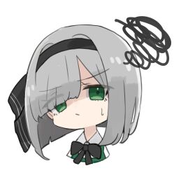 Rule 34 | 1girl, :/, black bow, black bowtie, black hairband, black ribbon, blunt bangs, blunt ends, bob cut, bow, bowtie, chibi, close-up, closed mouth, commentary, eyes visible through hair, frown, green eyes, grey hair, hair ribbon, hairband, highres, konpaku youmu, looking at viewer, medium hair, mino (minori), ribbon, shaded face, simple background, solo, squiggle, symbol-only commentary, touhou, tsurime, white background
