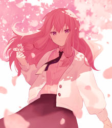 Rule 34 | 1girl, 32 oogawa, alternate color, black headwear, cardigan, cherry blossoms, highres, kusanagi nene, long hair, looking at viewer, open cardigan, open clothes, pink hair, pink shirt, pink theme, project sekai, shirt, smile, solo, white cardigan, wind
