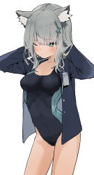 Rule 34 | 1girl, animal ear fluff, animal ears, aqua eyes, blazer, blue archive, blue jacket, breasts, closed mouth, competition swimsuit, grey hair, hair ornament, halo, hands in hair, highres, jacket, medium breasts, medium hair, nejiresyake, one-piece swimsuit, one eye closed, open clothes, open jacket, shiroko (blue archive), shiroko (swimsuit) (blue archive), simple background, solo, swimsuit, white background