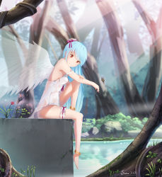 Rule 34 | 1girl, absurdres, angel wings, anklet, artist name, bad id, bad pixiv id, bare shoulders, blue hair, breasts, bug, butterfly, dated, hat, hat ribbon, highres, insect, jewelry, long hair, looking at viewer, orange eyes, pink ribbon, quincy (warship girls r), ribbon, sitting, small breasts, smile, snow (676528662), solo, warship girls r, wet, white hat, wings