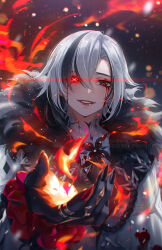 Rule 34 | 1girl, arlecchino (genshin impact), aura draws, black nails, blood, commentary, fire, genshin impact, glowing, glowing eye, grey hair, grin, hair between eyes, highres, looking at viewer, red lips, short hair, smile, solo, upper body