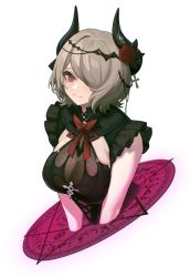 Rule 34 | 1girl, absurdres, black dress, breasts, brown hair, cleavage, closed mouth, crying, crying with eyes open, demon girl, dress, flower, hair ornament, hair over one eye, highres, honkai (series), honkai impact 3rd, large breasts, looking at viewer, mole, mole under eye, purple eyes, purple flower, purple rose, rita rossweisse, rita rossweisse (umbral rose), rose, short hair, short sleeves, simple background, solo, tears, tutou jiang, white background