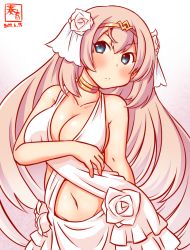 Rule 34 | 1girl, alternate costume, artist logo, blue eyes, breasts, cleavage, cowboy shot, dated, dress, flower, gradient background, kanon (kurogane knights), kantai collection, large breasts, long hair, looking at viewer, navel, one-hour drawing challenge, pink background, pink hair, rose, solo, tiara, victorious (kancolle), wedding dress, white background, white dress, white flower, white rose
