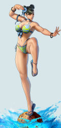 Rule 34 | 1girl, absurdres, anklet, bare legs, bikini, black hair, blue bikini, blue choker, booger wang, breasts, brown eyes, capcom, choker, chun-li, commentary request, double bun, fighting stance, flower, full body, hair bun, hair flower, hair ornament, hibiscus, highres, jewelry, large breasts, lips, nail polish, navel, nose, official alternate costume, sandals, short hair, side-tie bikini bottom, solo, standing, standing on one leg, street fighter, street fighter v, swimsuit, thick thighs, thighs, tiptoes, toenail polish, toenails, toes, toned